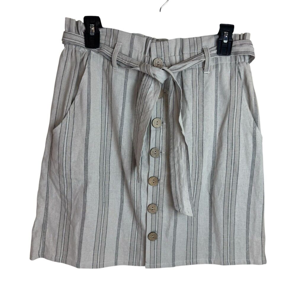 Daytrip Mini Skirt Cream Stripe Linen Blend Button Front Tie Waist Pockets Sz M